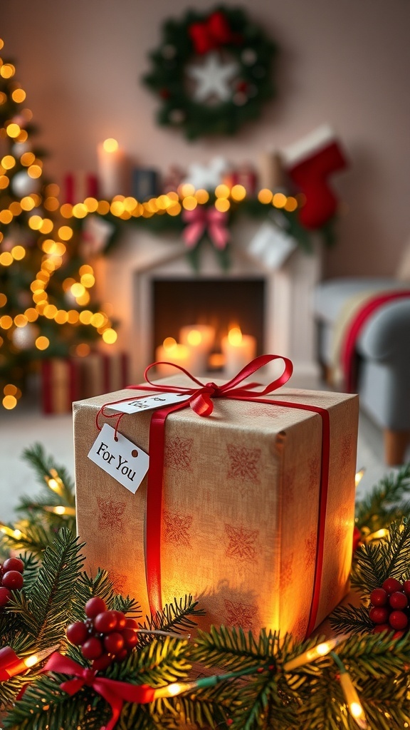A wrapped Christmas gift box with a red ribbon on a festive table.